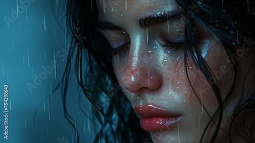 Close-up of a melancholic woman in the rain.