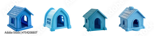 Set of blue toy houses. Pet house. Plastic Kennel for pets. Toy house for children to play in. With door entrance, windows, rooftop. Many models and styles. Doghouse, cat house.  photo