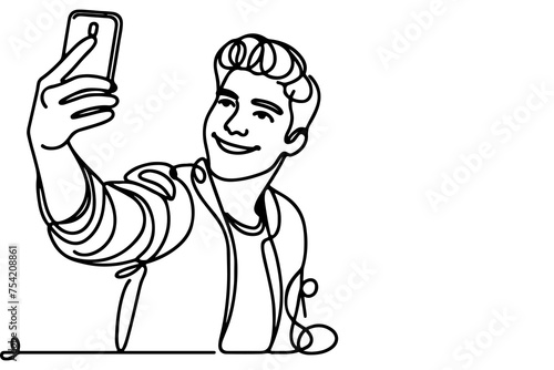 continuous one black line art drawing cheerful young man holding smartphone to taking acting selfie or video call through mobile phone outline doodle vector family travel concept