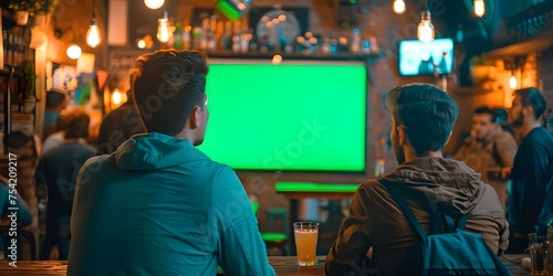 Friends having drinks in a lively bar with a green screen in the background. Concept Green Screen, Friends, Lively Bar, Drinks, Fun