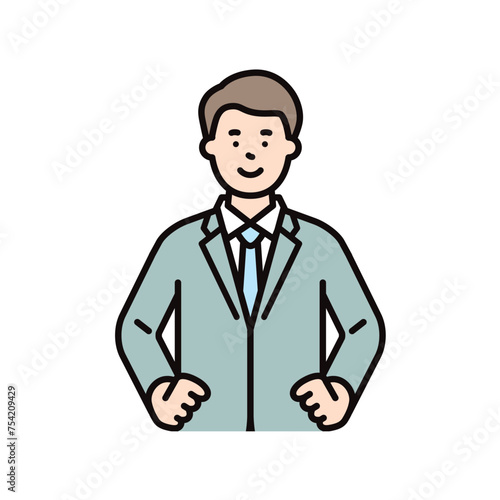 腰に手を当てて堂々とした自信に溢れる男性のビジネスパーソンのイメージイラスト素材