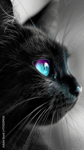 Enigmatic Elegance. A Black Cat with Piercing Purple-Blue Eyes, Illuminated in a Black and White Atmosphere, Radiating Mystery and Grace.