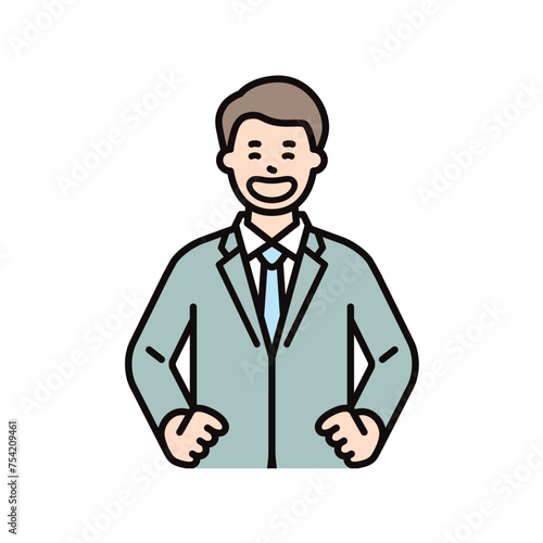 腰に手を当てて堂々とした自信に溢れる男性のビジネスパーソンのイメージイラスト素材