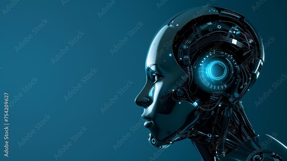 Profile of a robotic humanoid head with intricate mechanical details and a glowing blue eye, depicting advanced artificial intelligence. Profile of a robotic humanoid head with intricate mechanical details and a glowing blue eye, depicting advanced artificial intelligence.