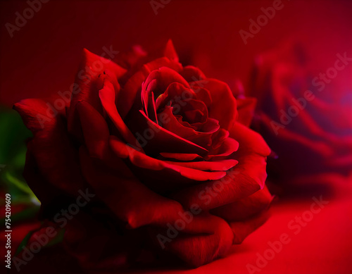 Beautiful red rose flowers on red background. Flat lay  neon lights  close up