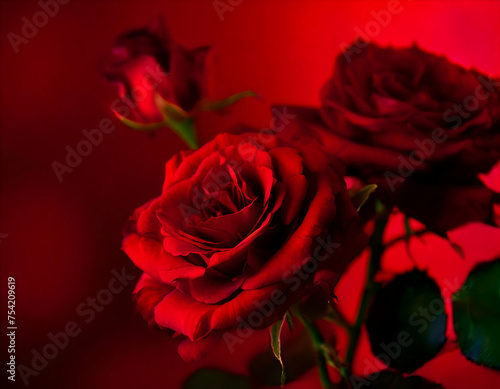 Beautiful red rose flowers on red background. Flat lay  neon lights  close up