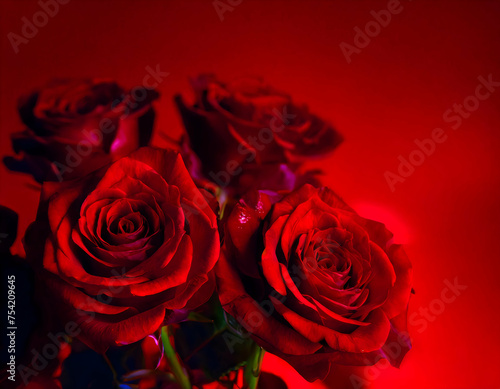 Beautiful red rose flowers on red background. Flat lay, neon lights, close up