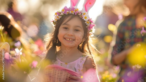 A girl smiles and wearing colorful flowers on her head during an outdoor festival in spring