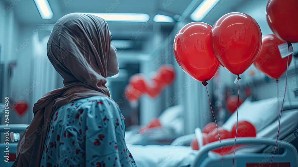 a cancer patient lady in hospital,  world blood cancer day, leukemia , 28 may, world hemophilia day , 17 april , awareness of blood cancer , september month  - obrazy, fototapety, plakaty 