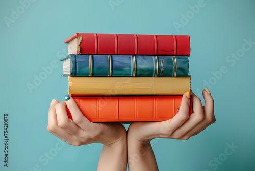 A woman's hands are clutching a stack of books against a pale blue backdrop. Education, science, information, studies, book exchange, pastime, and leisure time