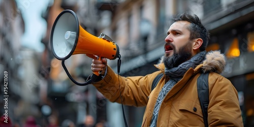 A man energetically using a megaphone to amplify his message. Concept Enthusiastic Communication, Public Announcement, Megaphone Usage, Amplifying Messages
