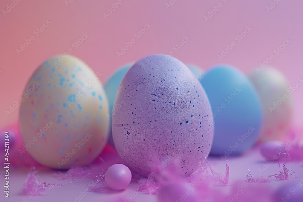 Colorful hand painted Easter eggs on pink pastel background. Easter decoration, banner, panorama, background with copy space for text. Happy Easter.