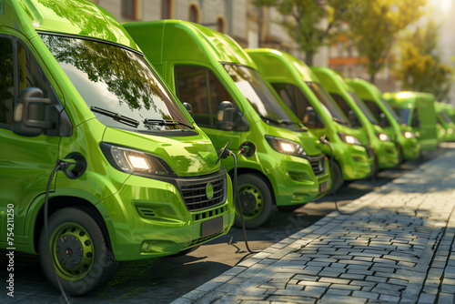 Green electric delivery vans charging in a row.
