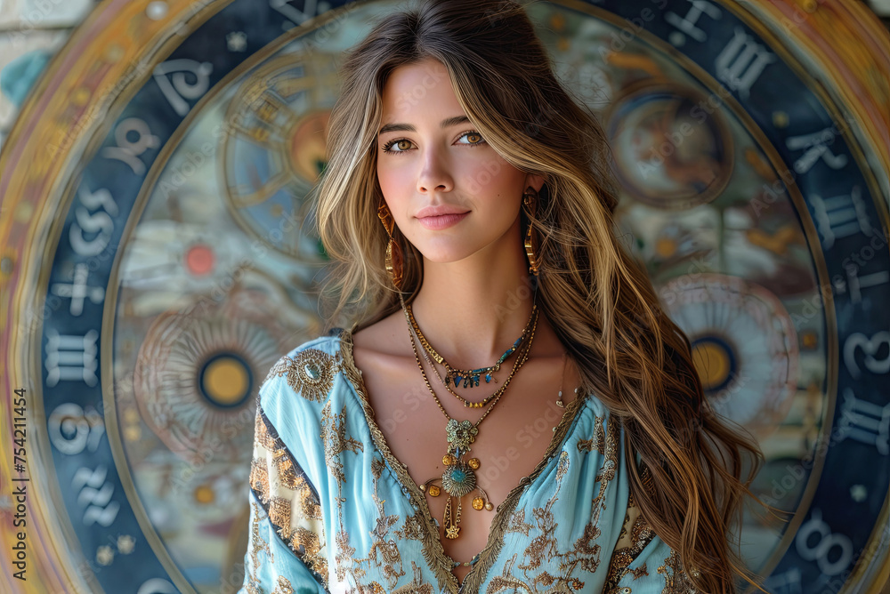 Female astrologer on the background of the zodiac circle Female astrologer on the background of the zodiac circle