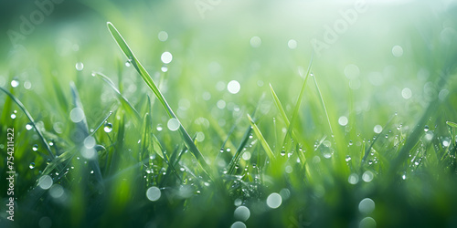 dew drops on grass, Green grass with dew drops and bokeh background soft focus, Beautiful green grass dew droplet, Wet blades of grass generative ai