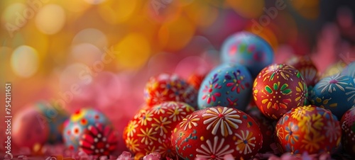 A bunch of hand painted Easter eggs on colorful background with bokeh effect. Easter decoration, banner, panorama, background with copy space for text. Happy Easter.