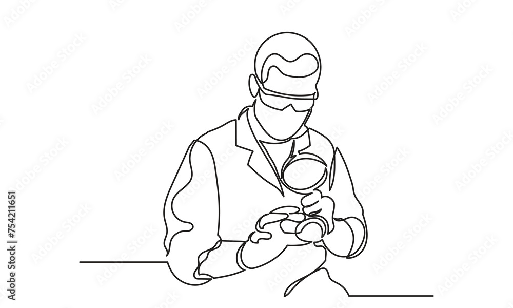 Continuous line drawing of male scientists with a magnifying glass in the laboratory. Medical Lab research concept line art. Scientist Using magnifying glass for Analysis Vector Illustration. Continuous line drawing of male scientists with a magnifying glass in the laboratory. Medical Lab research concept line art. Scientist Using magnifying glass for Analysis Vector Illustration.