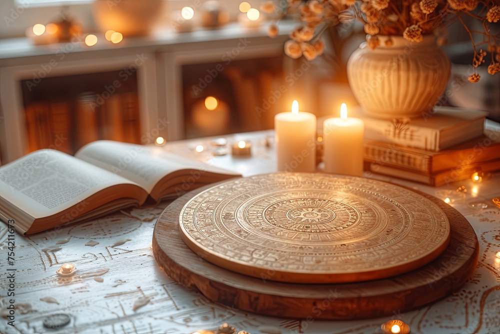 Table with a book, a natal chart, candles and a vase of flowers. The Astrologer's Concept