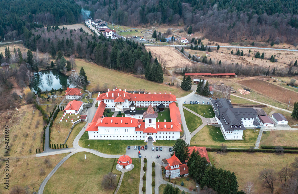 Aerial view of Sambata se Sus and Fagars Mountains in Romania