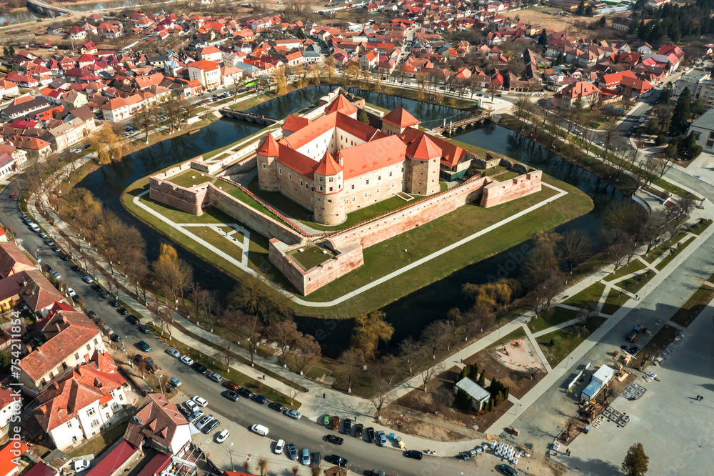Aerial view with Fagaras Citadel Fortress in Romania