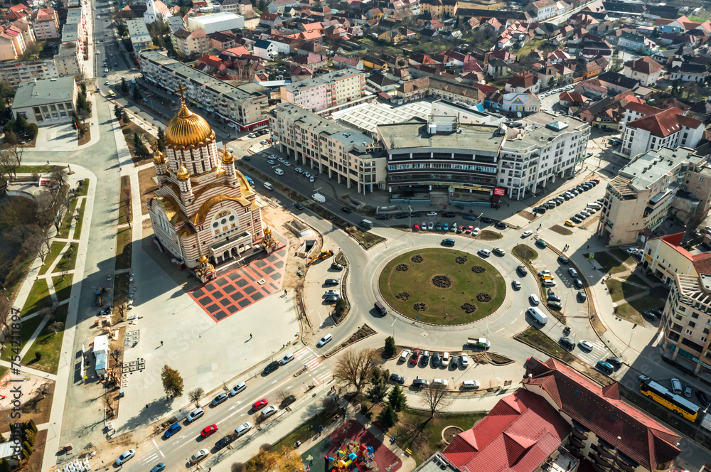 Aerial view with Fagaras city center in Romania