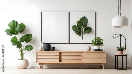 A minimalist living room design with a wooden sideboard, a small green plant, and a blank poster frame against a white wall Generative AI