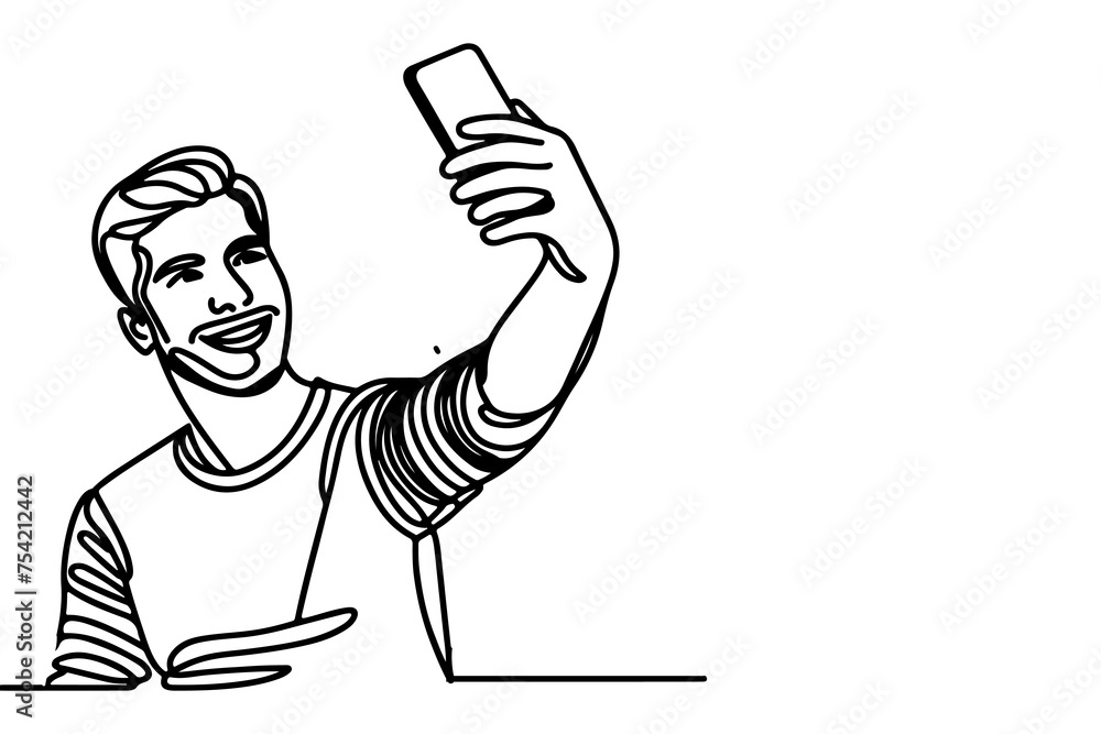 continuous one black line art drawing cheerful young man holding smartphone to taking acting selfie or video call through mobile phone outline doodle vector family travel concept
