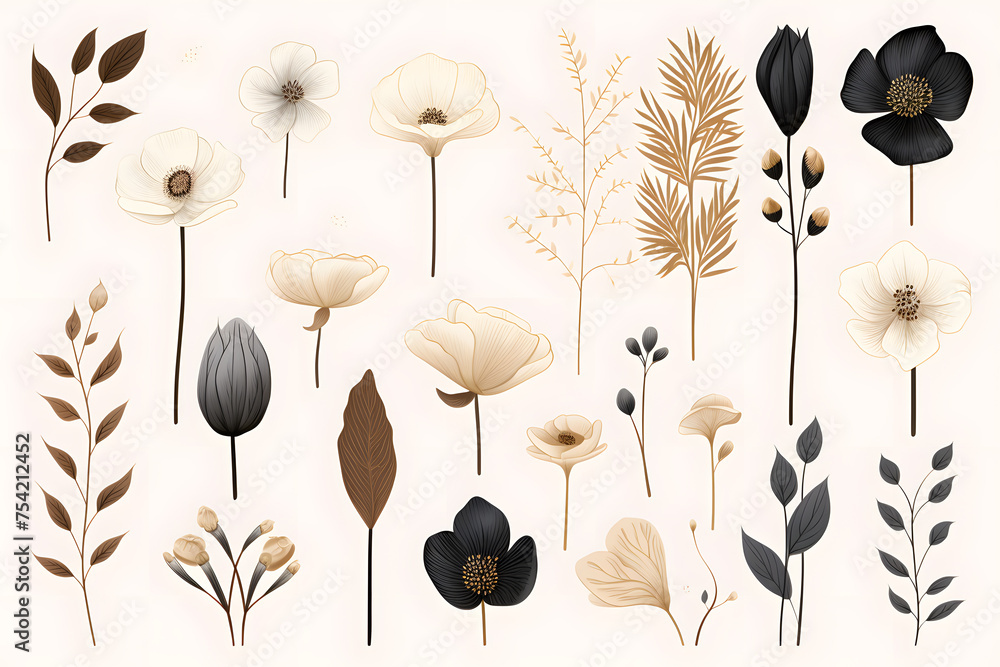 Fototapeta premium Collection of hand drawn linear various plants and flowers, minimalist illustration