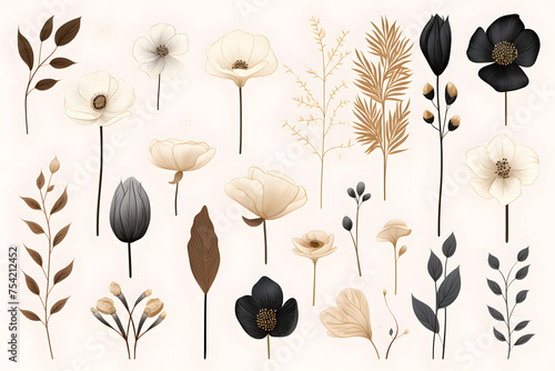 Collection of hand drawn linear various plants and flowers, minimalist illustration