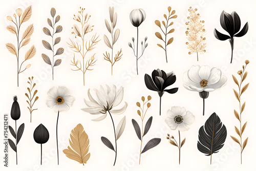 Collection of hand drawn linear various plants and flowers, minimalist illustration photo