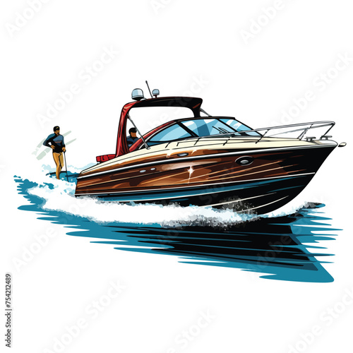 A motorboat towing a water skier. Vector.