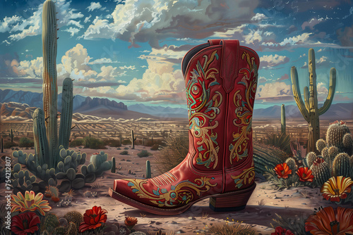  red cowboy boots against a desert background with cacti