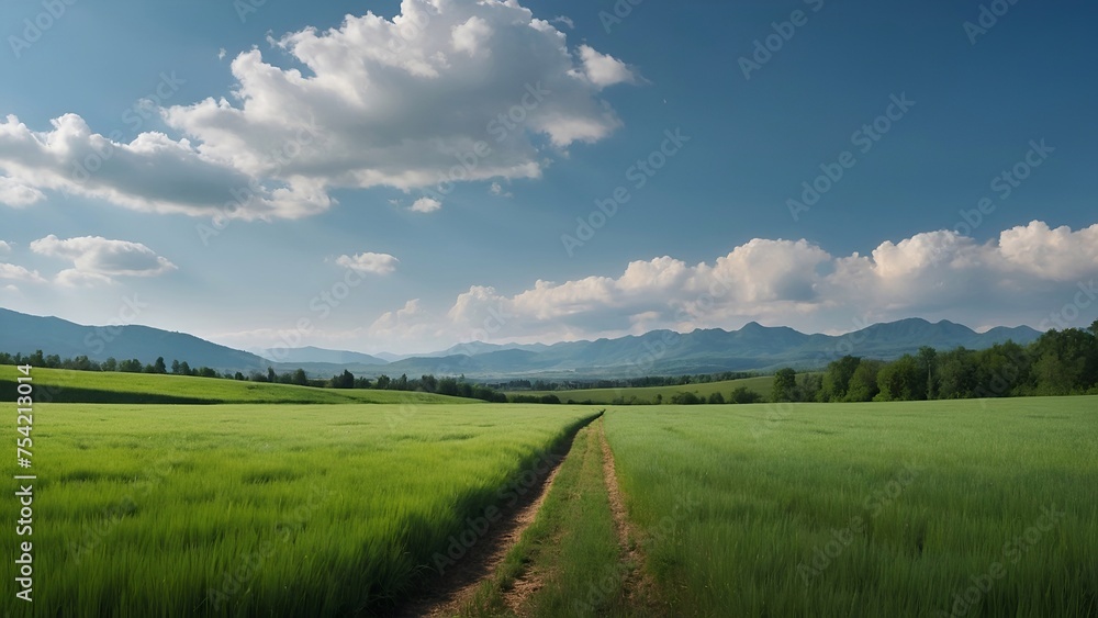 Grassy meadow landscape with mountains, blue sky with clouds.