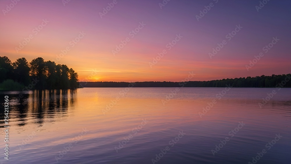 sunset over the lake with pink and orange sky