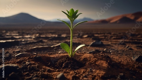 A green plant growing in the surface of planet Mars 