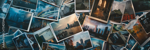 Many photographs featuring famous landmarks from various cities spread across the table, captured from a top-down perspective, with empty space, copy space.