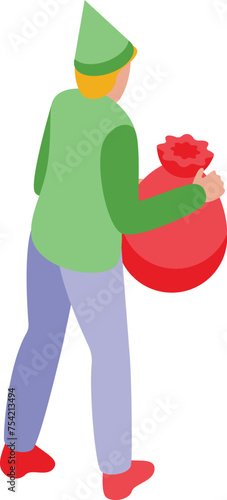 Elf with gifts bag icon isometric vector. Joyful tiny creature. Holiday mythical elfin