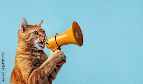 Red cat with a megaphone on a blue background. The concept of advertising, attracting attention, announcements. AI Generative