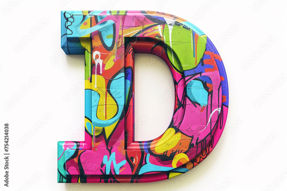 Alphabet letter D built from a graffiti wall, colorful street art font design for poster, banner, website layout. 