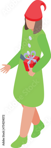 Female elf with present icon isometric vector. Gnome surprise gift. Magical jolly holiday