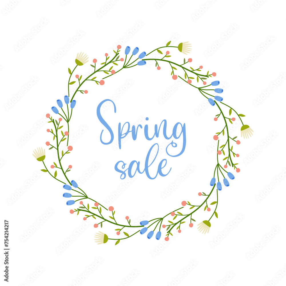 Spring sale, frame with floral border with lettering and different flowers for poster, banner, advertisement