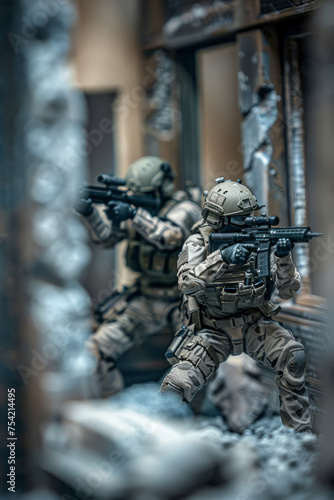 A unit of elite special forces operatives executes a tactical maneuver within a structure, advancing with precision and stealth.