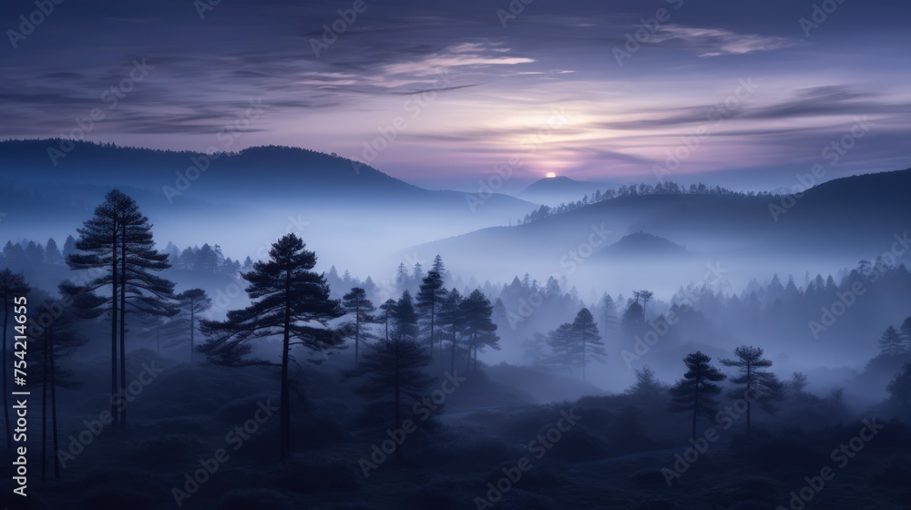 At twilight, the foggy pine forests are nature's lullaby, with the sun's serene serenade painting indigo and amethyst shades At twilight, the foggy pine forests are nature's lullaby, with the sun's serene serenade painting indigo and amethyst shades