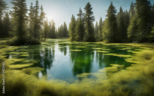 A lifeless, polluted lake with a thick layer of algae covering the surface © julien.habis