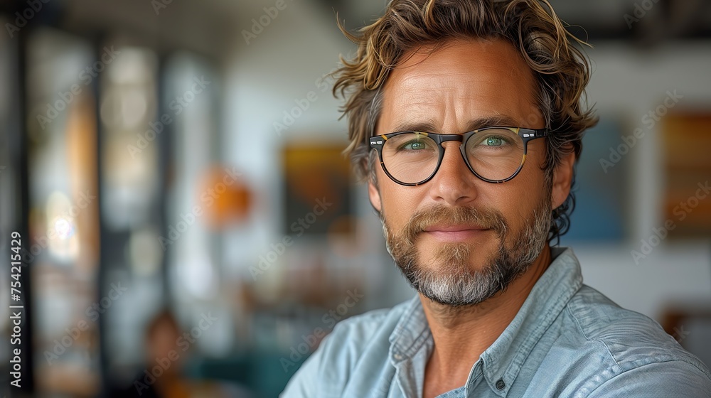A portrait capturing the casual confidence of a man with an intellectual charm, his clear gaze complemented by a stylish pair of glasses. A portrait capturing the casual confidence of a man with an intellectual charm, his clear gaze complemented by a stylish pair of glasses.
