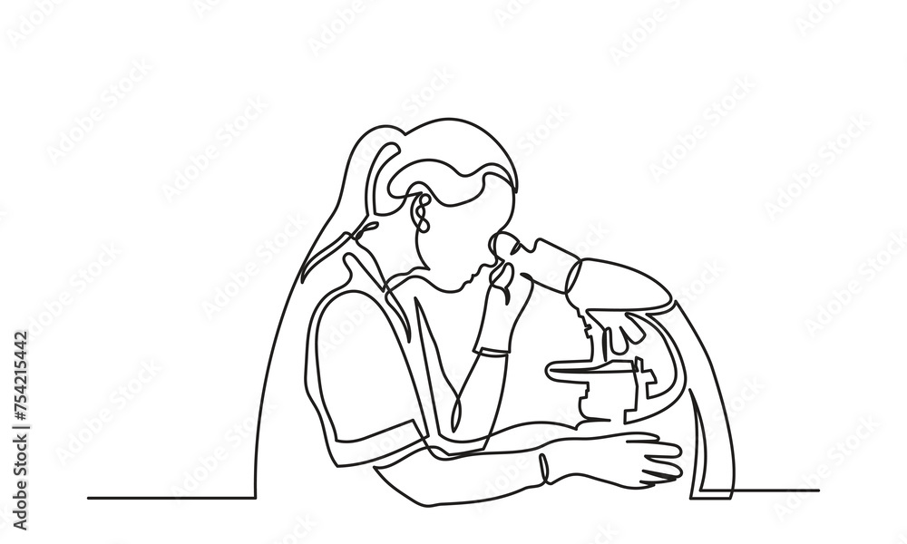 Continuous line drawing of female scientists with a microscope working in the laboratory. Medical Lab research concept line art. Scientist Using Microscope for Analysis Vector Illustration.
