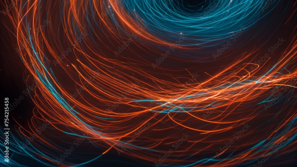 Fototapeta premium Bright twirl of ruby and navy light paths with glistening speckles 