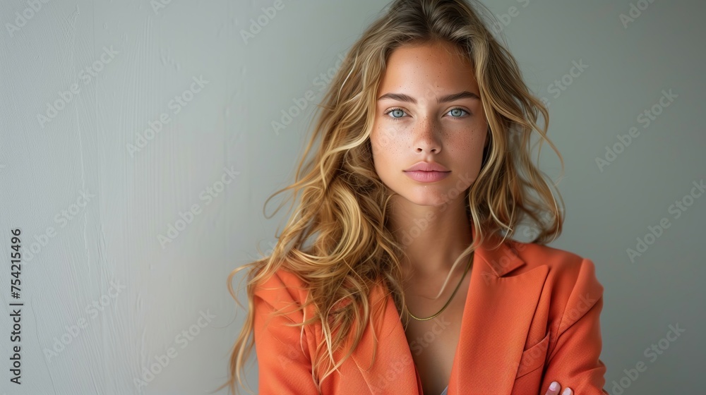 A modern portrait of a young woman, her compelling gaze and soft features accentuated by a stylish coral blazer A modern portrait of a young woman, her compelling gaze and soft features accentuated by a stylish coral blazer