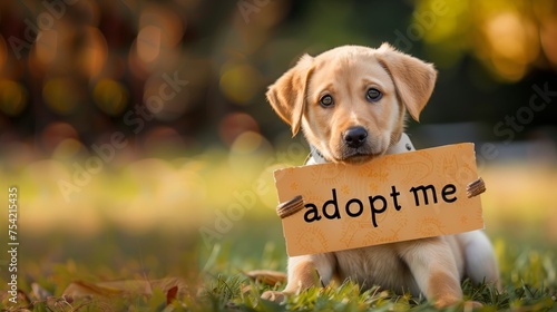 In focus, a little cute dog with a message, a cuddly look begs for someone to adopt him. The concept of adoption.  photo
