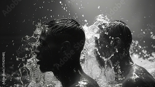 A striking black and white image capturing the powerful and graceful movements of swimmers, surrounded by the dramatic dance of water splashes. © Paworn